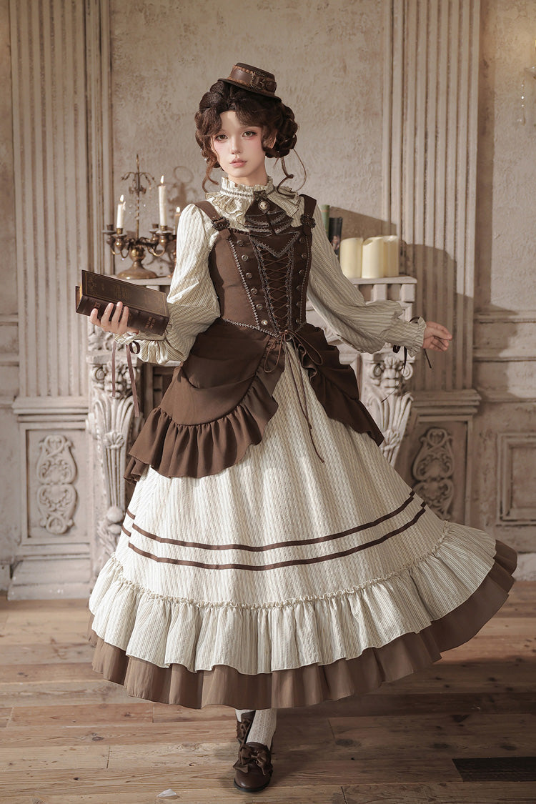 At Sunset Round-Collar Lantern-Sleeved Double-Layered Printed Ruffled Classic Lolita Dress in Beige and Brown, 2 Versions
