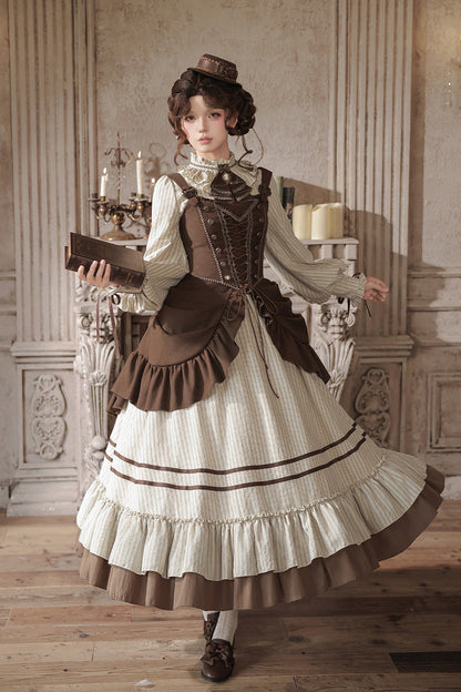 At Sunset Round-Collar Lantern-Sleeved Double-Layered Printed Ruffled Classic Lolita Dress in Beige and Brown, 2 Versions