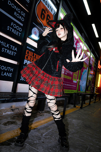 Night Cat Plaid Hooded Sweet Lolita Skirt Coat - Noir