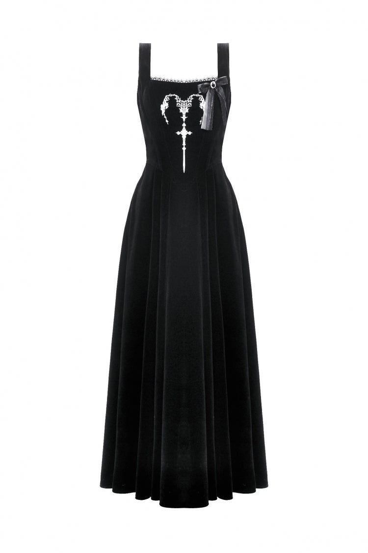 Gothic Women's Velvet Maxi Dress with Embroidered Horns and Lace-Up Back