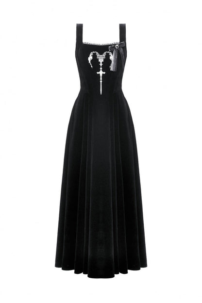 Gothic Women's Velvet Maxi Dress with Embroidered Horns and Lace-Up Back