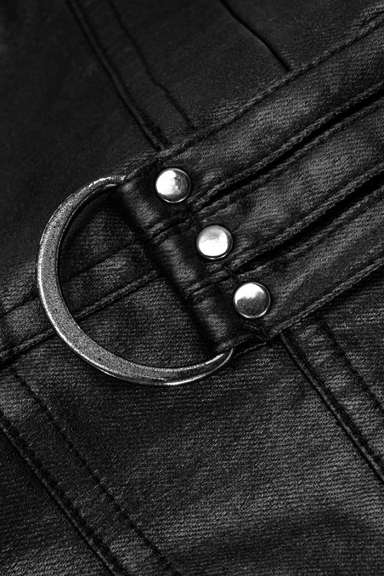 Men's Steampunk Pants with Metal Buckle and Side Zipper in Black Faux Leather