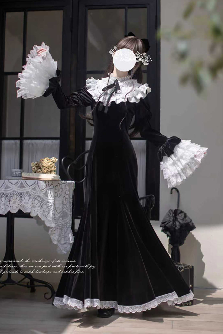 Velvet Gothic Elegant Fishtail Dress with Long Hime Sleeves and Bow - Raven-Feather Poetic Letter