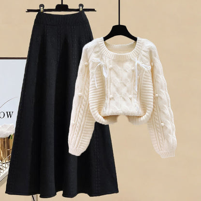 Set Skirt Cable Sweater Pills Decor Knit
