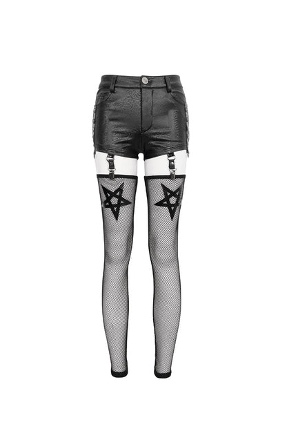 Pentagram Punk Shorts with Stockings in Black Faux Leather for Women
