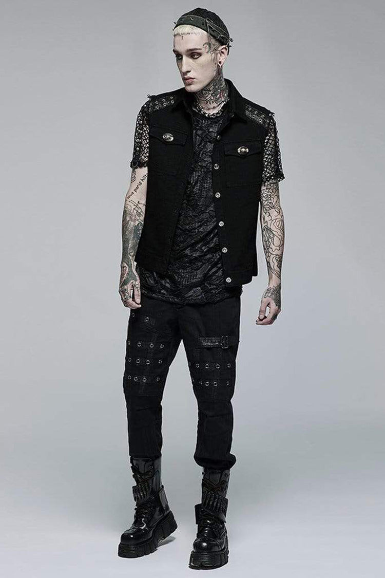 Mens Sleeveless Twill Vest with Flap Pockets and Metal Accents