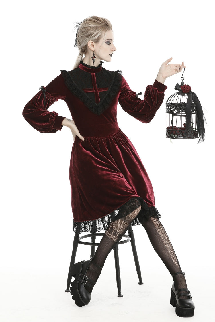 Vintage Long Sleeve Lace Collar Cross Gothic Velvet Dress for Women