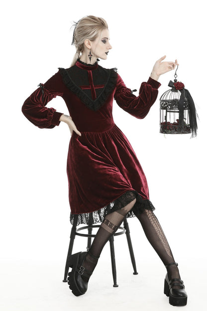 Vintage Long Sleeve Lace Collar Cross Gothic Velvet Dress for Women
