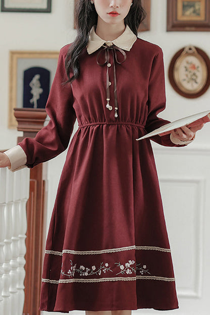 Vintage Lapel Collar Long Sleeve Hem Flower Embroidered High Waist Dress