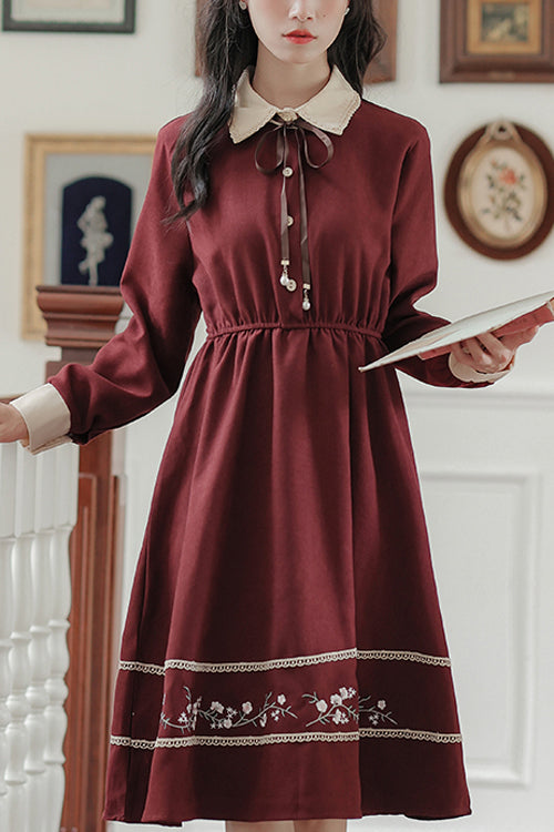 Vintage Lapel Collar Long Sleeve Hem Flower Embroidered High Waist Dress