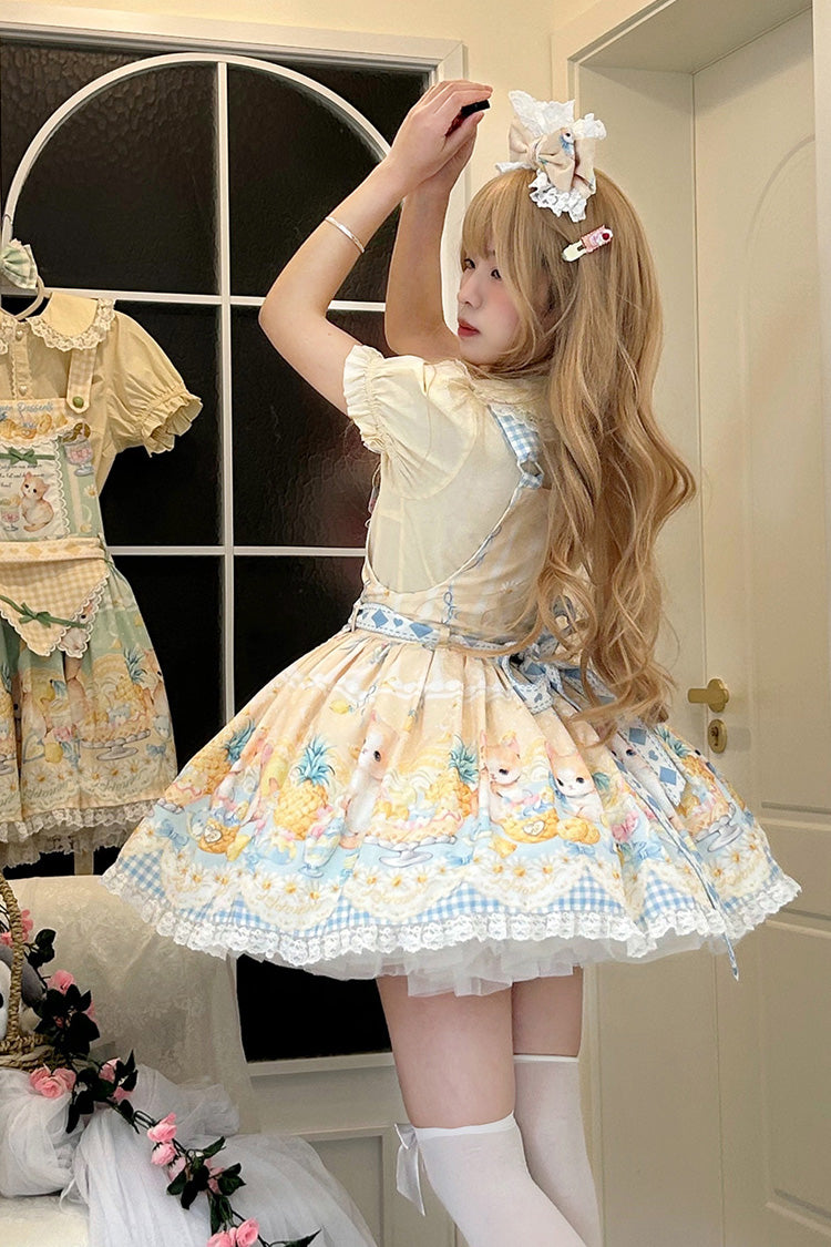 Pineapple Cat Print Sleeveless Bow Lace Sweet Lolita Strap Dress in Yellow
