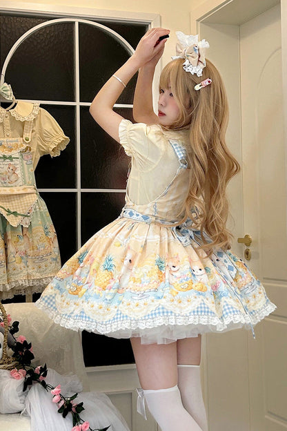 Pineapple Cat Print Sleeveless Bow Lace Sweet Lolita Strap Dress in Yellow