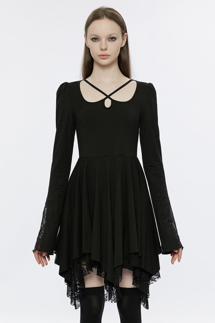 Asymmetrical Gothic Dress with Lace and Flared Sleeves