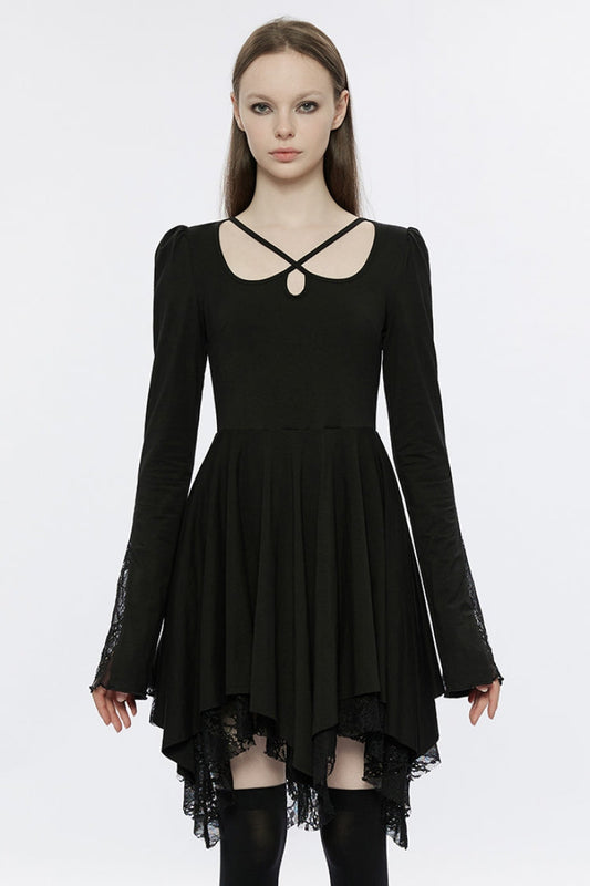 Asymmetrical Gothic Dress with Lace and Flared Sleeves