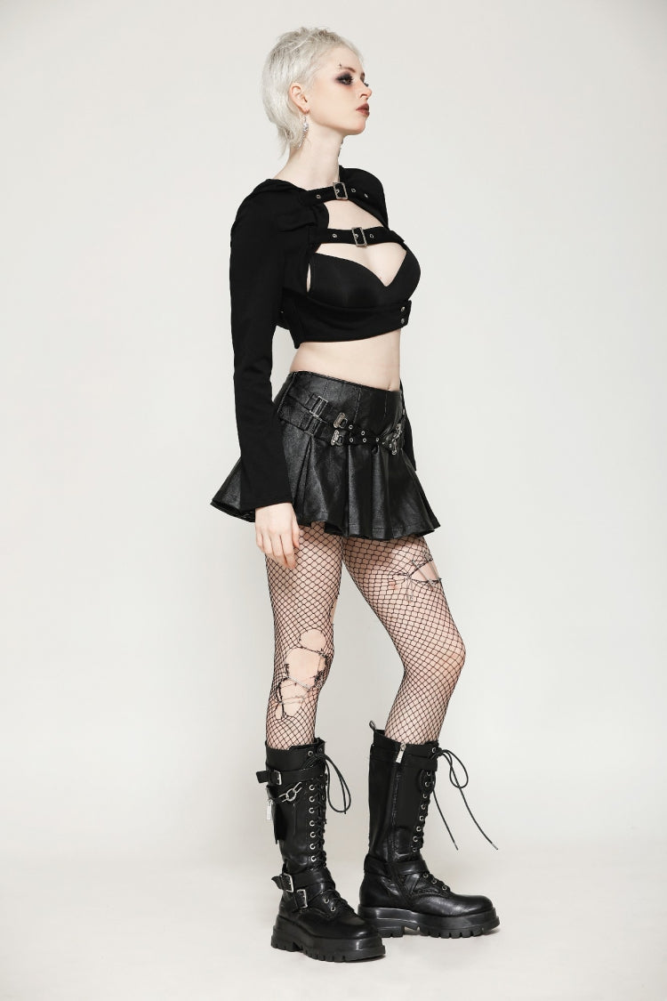Ebony Buckled PU Mini Skirt with Faux Leather and Pleats - Femme