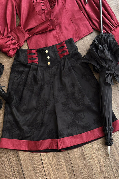 Moonlit Return Jacquard Ouji Lolita Set with Lace-Up - Noir
