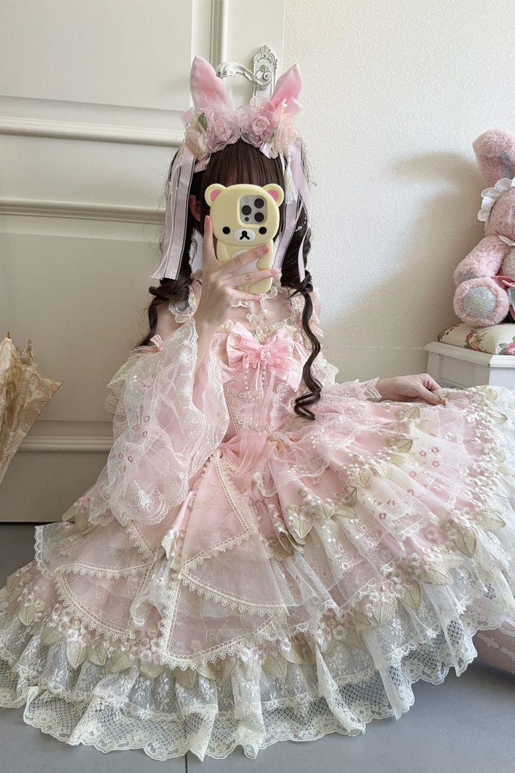 Pink Falling Rain Flowers Sleeveless Ruffle Embroidery Bow Sweet Chinese Style Lolita Jsk Dress