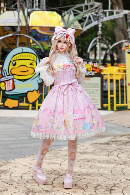 Rose Square Collar Short Puff Sleeve Bow Print Sweet Lolita Gown - Macarons Dolly House