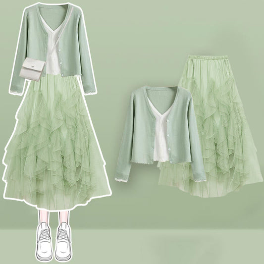 Shirt Fake Colorblock Skirt Tulle Set Tiered