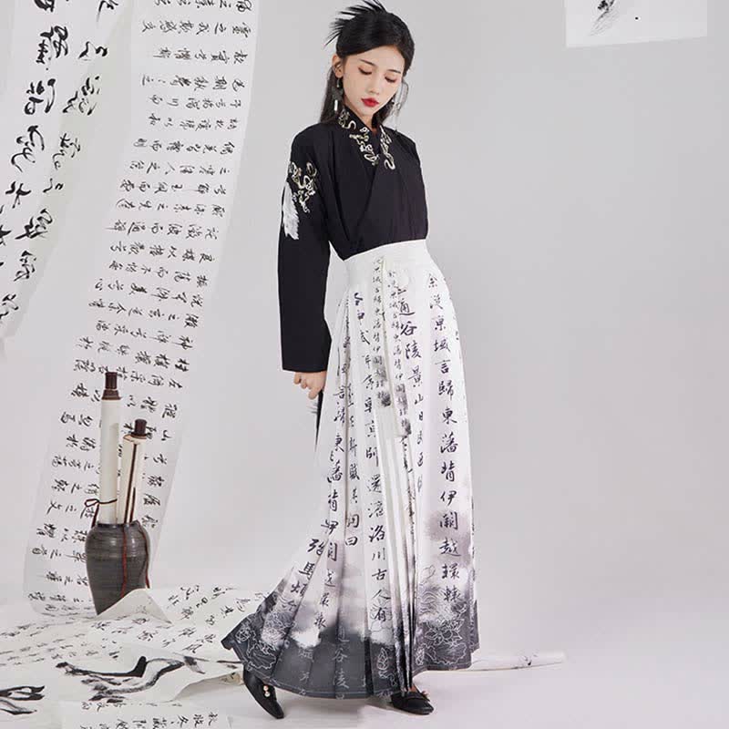 Vintage Crane Embroidery Shirt Character Print Pleated Skirt