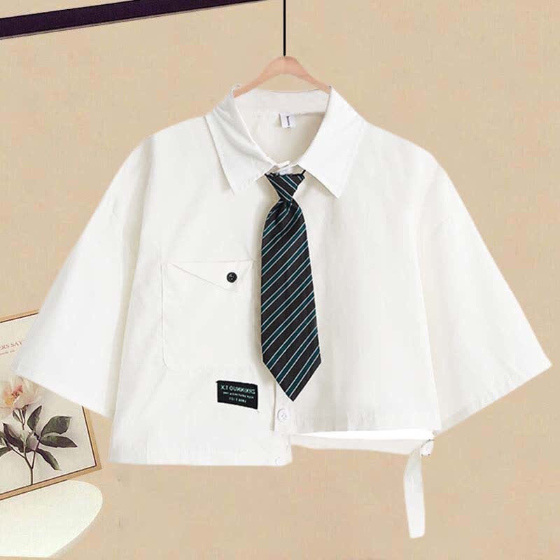 Set Slip Pieces Irregular T-Shirt Lace Two Tie Pocket Up Dress Lapel