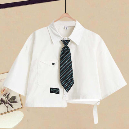 Set Slip Pieces Irregular T-Shirt Lace Two Tie Pocket Up Dress Lapel