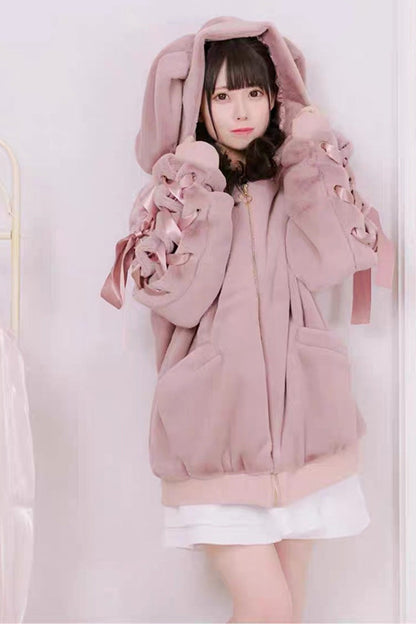 Pink Rabbit Ear Bow Lace-Up Hooded Coat