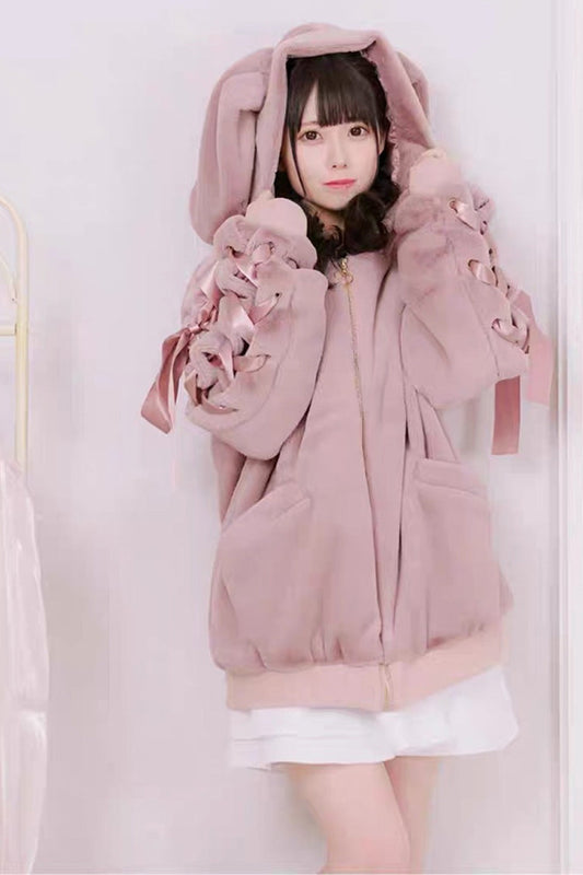 Pink Rabbit Ear Bow Lace-Up Hooded Coat