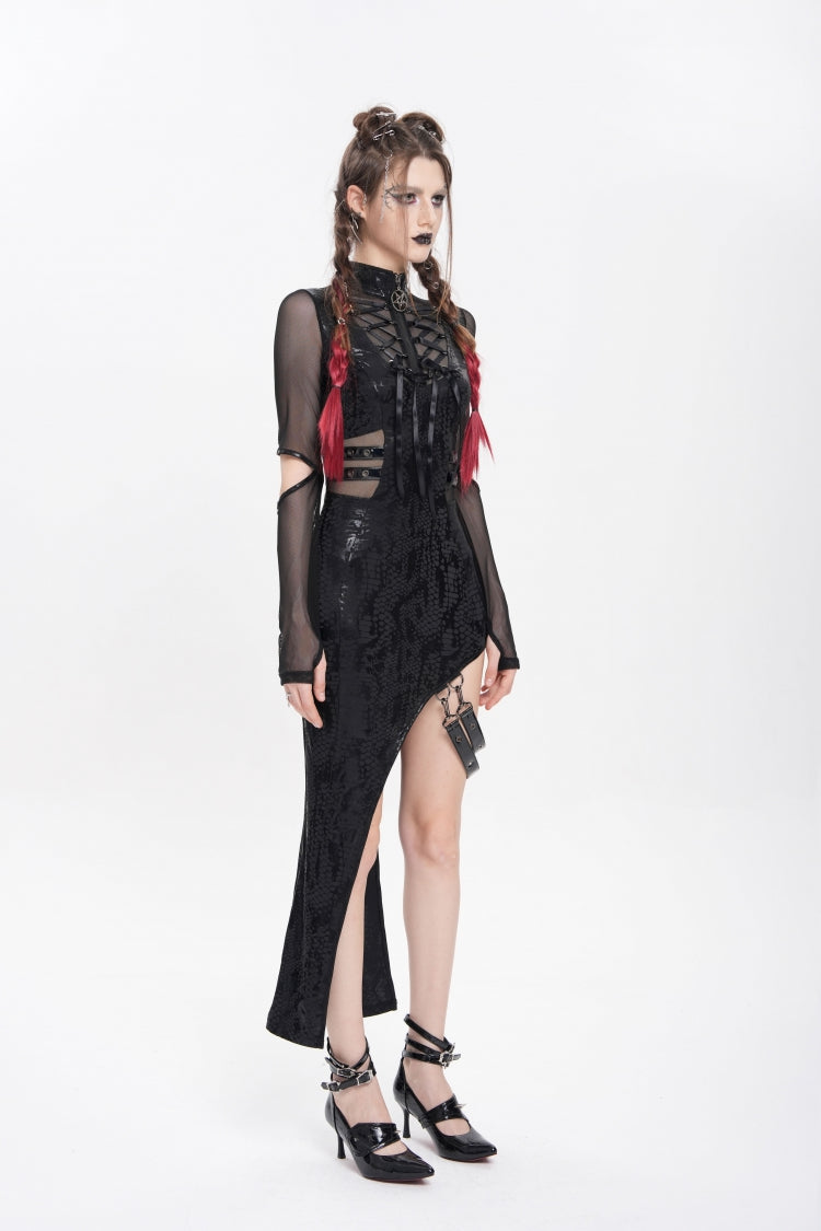 Stand Collar Long Sleeve Stitching Lace-Up Mesh Punk Dress