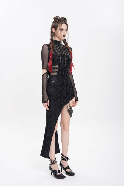 Stand Collar Long Sleeve Stitching Lace-Up Mesh Punk Dress