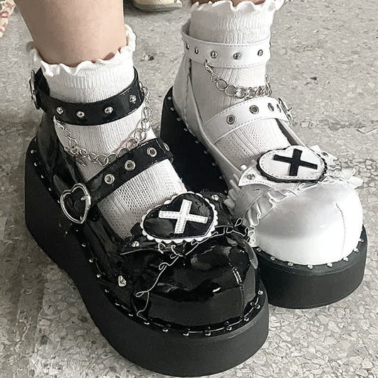 Süße Punk Cross Love Herz Kette Riemen Schnalle Plateauschuhe