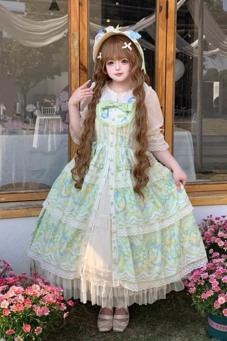 Ivory Green Lily of the Valley Perfume Pearl Candy Tea Doll Collar Sleeveless Print Lace Plus Sweet Lolita JSK