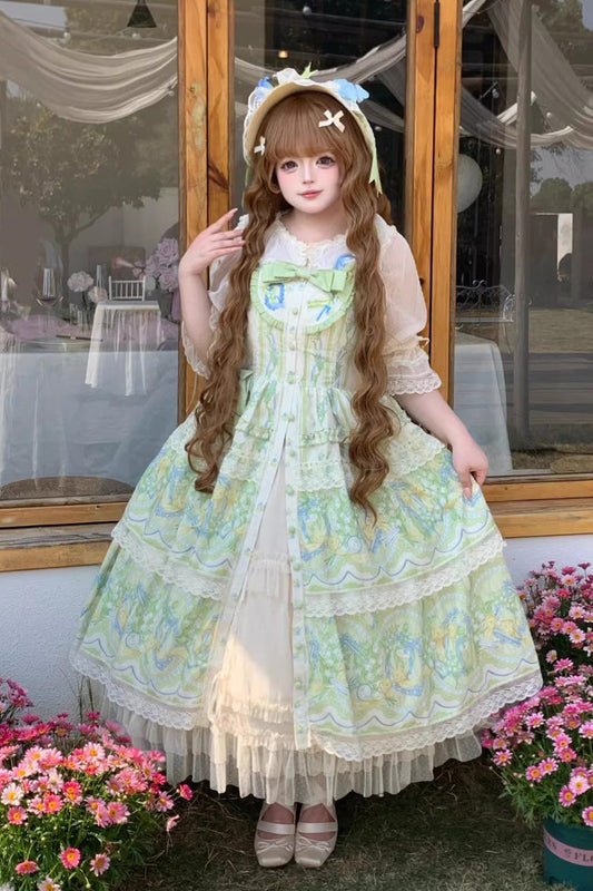 Ivory Green Lily of the Valley Perfume Pearl Candy Tea Doll Collar Sleeveless Print Lace Plus Sweet Lolita JSK