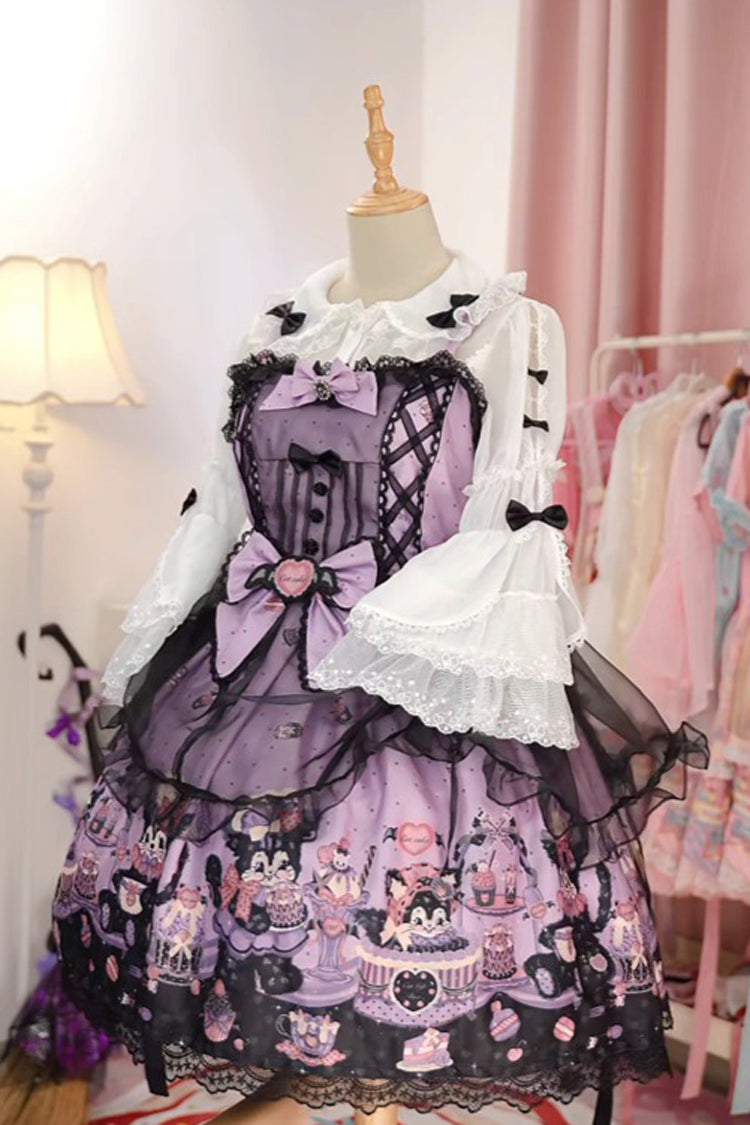 Purple Printed Gothic Lolita JSK Dress with Bowknot Lace and Ruffle