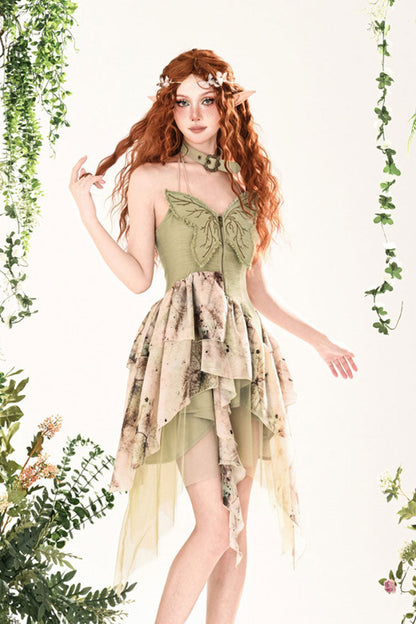 Green Forest Wandering 3D Butterfly Embroidery Lace Irregular Sweet JSK Dress