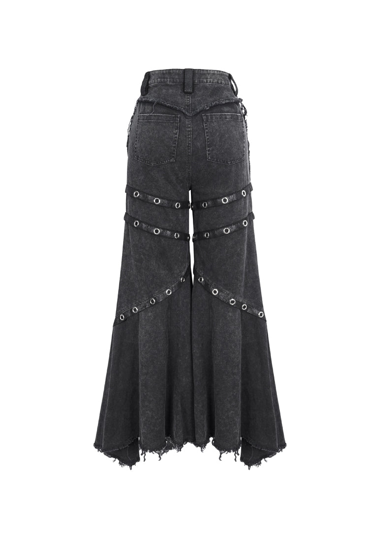 Flared Punk Pants with Ruffled Hem and Eyelet Details