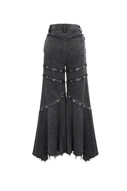 Flared Punk Pants with Ruffled Hem and Eyelet Details