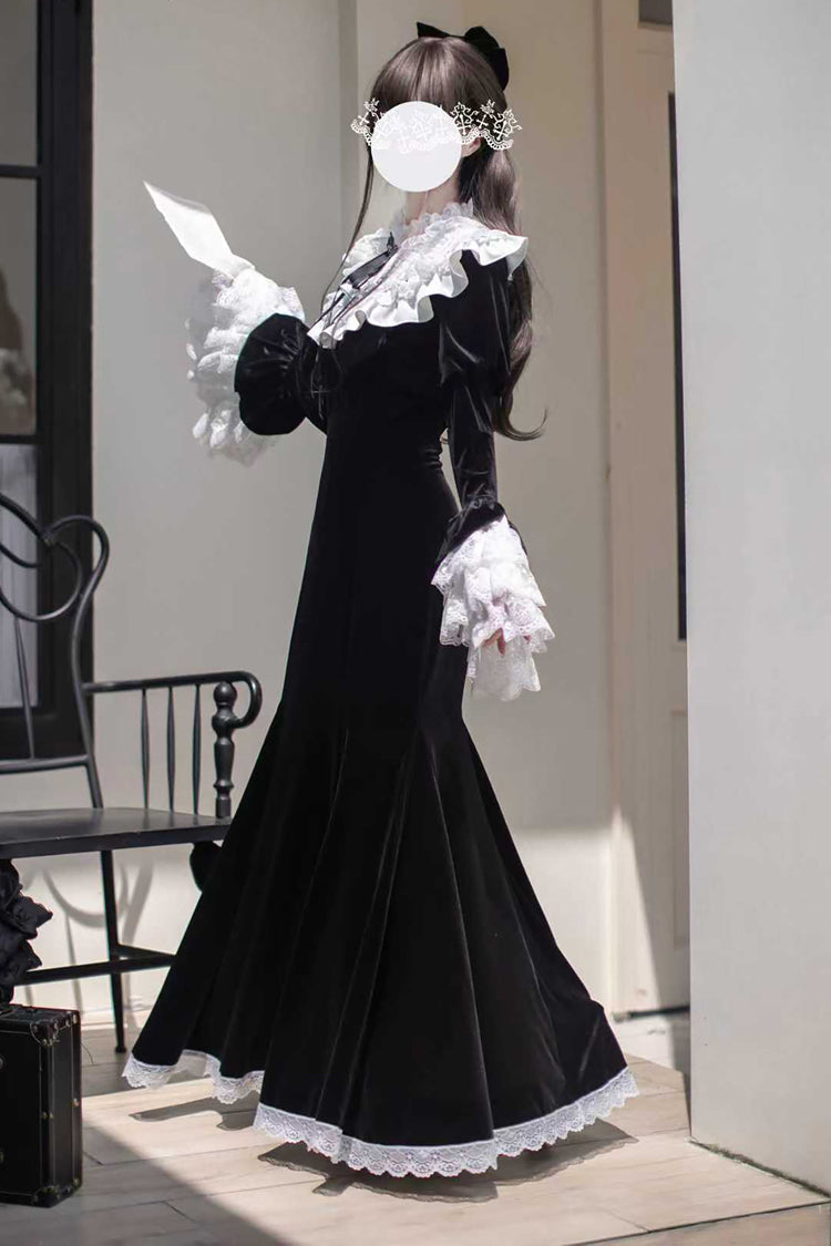 Velvet Gothic Elegant Fishtail Dress with Long Hime Sleeves and Bow - Raven-Feather Poetic Letter