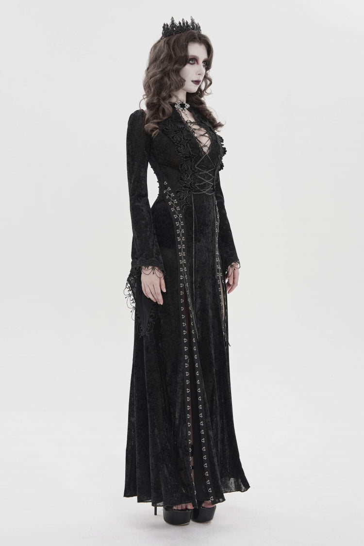 Halterneck Trumpet Sleeve Hanayome Lace Lace-Up Slim Chain Gothic Dress Plunging Split Maxi