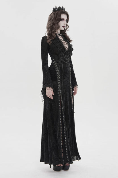 Halterneck Trumpet Sleeve Hanayome Lace Lace-Up Slim Chain Gothic Dress Plunging Split Maxi