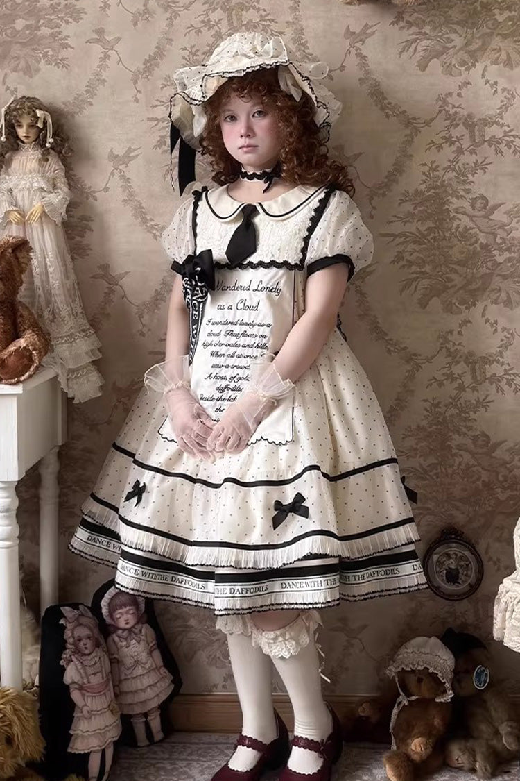 William Wordsworth's Lyric Poetry Doll-Collar Polka Dot Printed Lace Sweet Princess Lolita Dress in Beige
