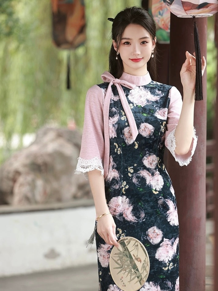 Cheongsam long à manches mi-longues avec ruban