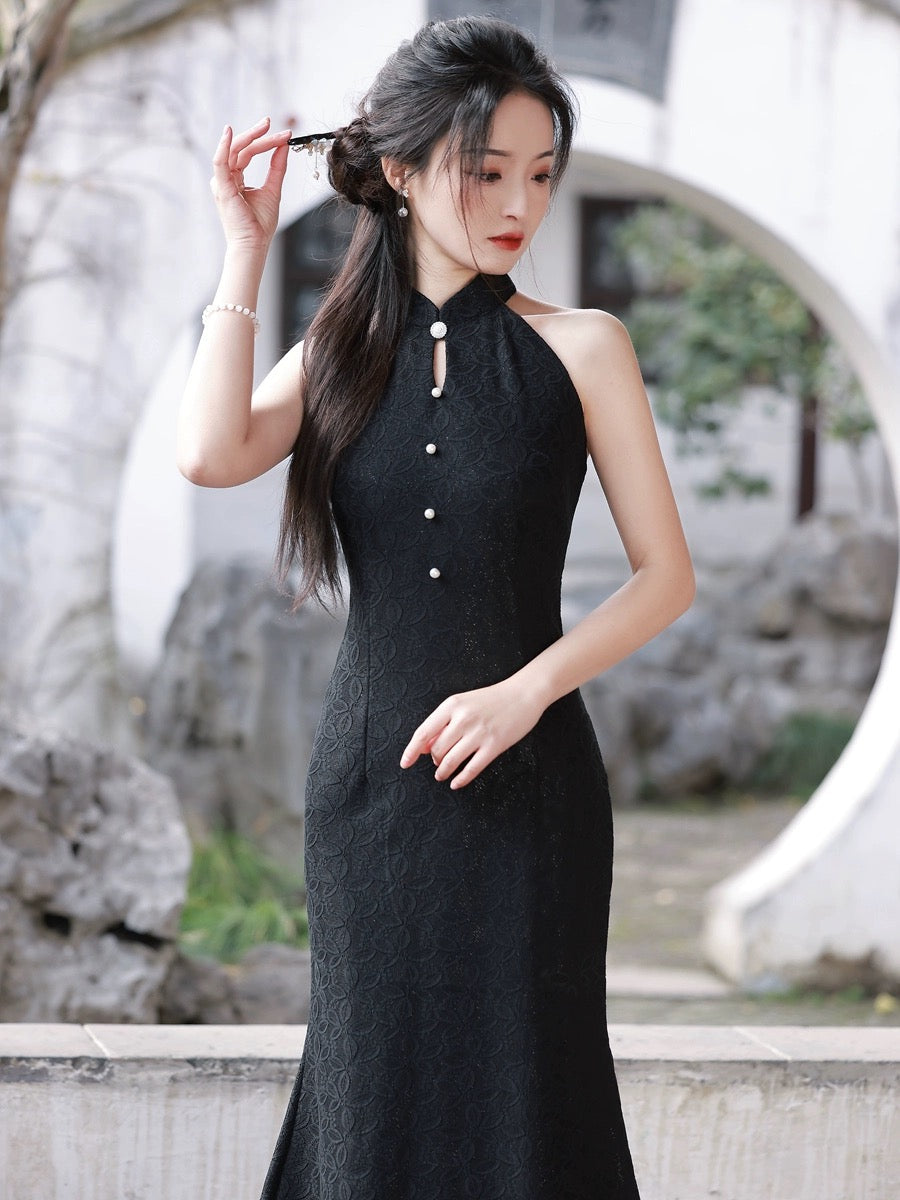 Cheongsam long sans manches élégant noir