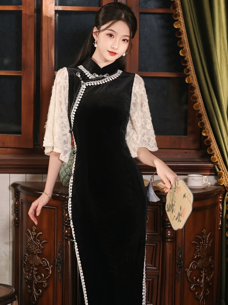 Vintage Lace Sleeve Long Cheongsam