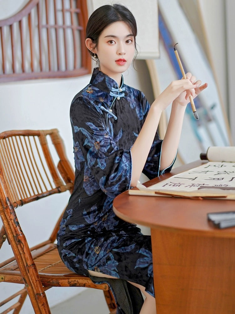 Robe Cheongsam fleurie bleue