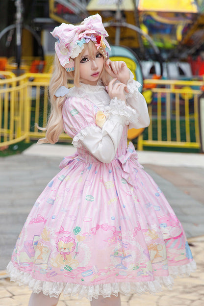 Rose Square Collar Short Puff Sleeve Bow Print Sweet Lolita Gown - Macarons Dolly House