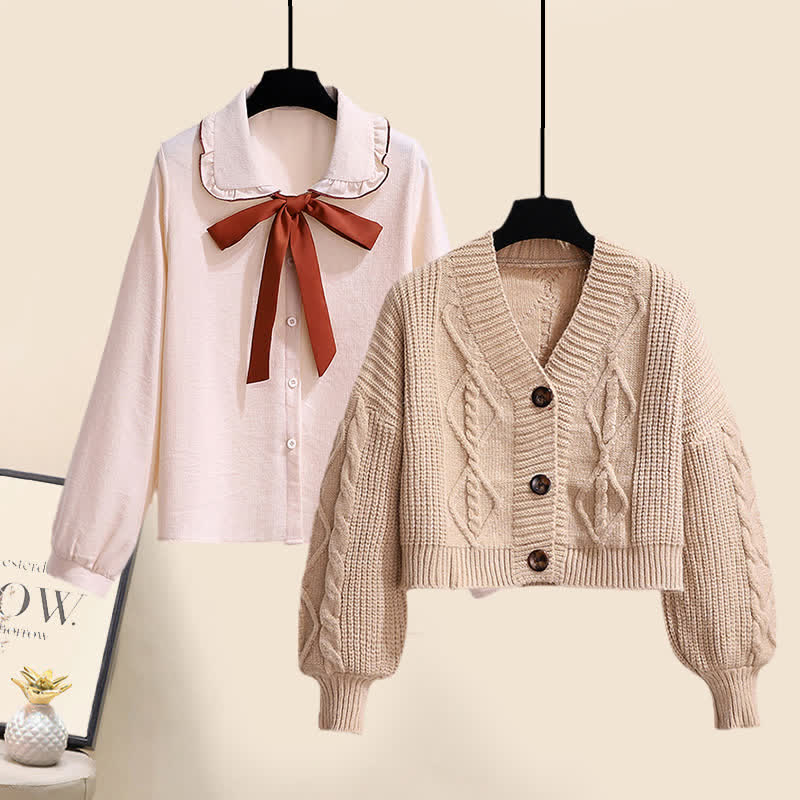 Ensemble cardigan doux, pull, nœud papillon, chemise, jupe plissée