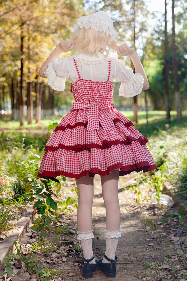 Scarlet Plaid Ruffle Bowknot Sweet Lolita Gown with Layered Design