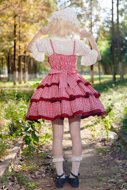Scarlet Plaid Ruffle Bowknot Sweet Lolita Gown with Layered Design