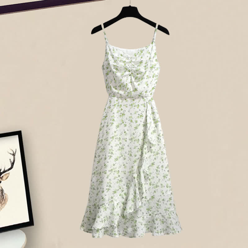 Slip Green Print Floral Dress Set